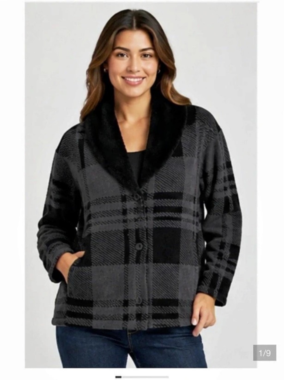 Barefoot Dreams CozyChic Plaid Shearling Cardigan Gray & Black Medium